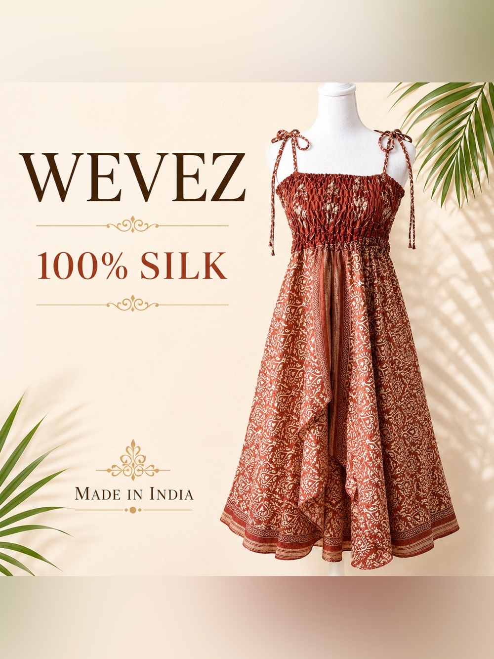 WEVEZ Rust Red Floral Midi Dress - 100% Silk